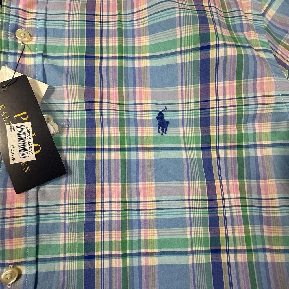 Polo Ralph Lauren Mens Slim Fit XXL Plaid Long Sleeve Oxford Button Up Stretch